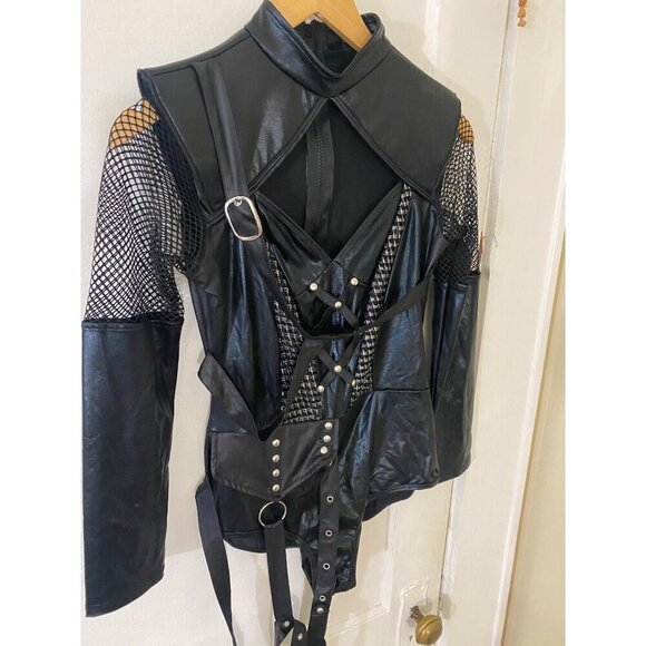 Leg Avenue Women's Black Faux Leather Long Sleeve Key Hole Front One Piece - Sma - Picture 2 of 15